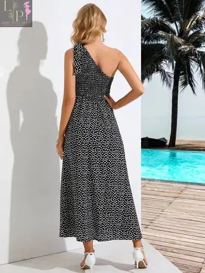 Black Zoe single shoulder women’s dress by Lamp Post, stylish and elegant with a fitted silhouette and subtle detailing.