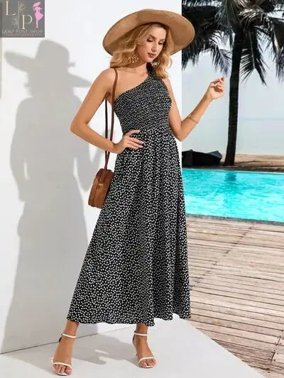 Black Zoe single shoulder dress for women by Lamp Post, shown on a model, stylish and elegant for various occasions.