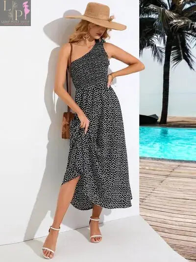 Black Zoe single shoulder women's dress by Lamp Post, featuring elegant design and fitted silhouette.