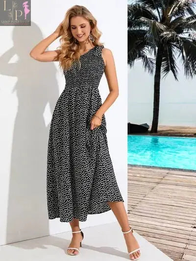 Black Zoe single shoulder dress for women by Lamp Post, shown on a model with a sleek, stylish design perfect for elegant occasions.