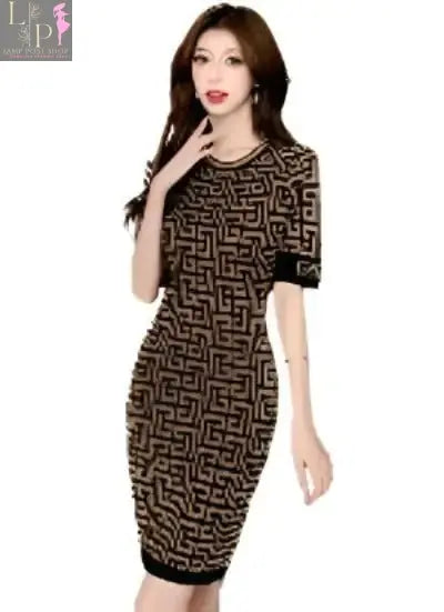Brown women’s long dress with short sleeves by Lamp Post, featuring a flowing fit and elegant style.