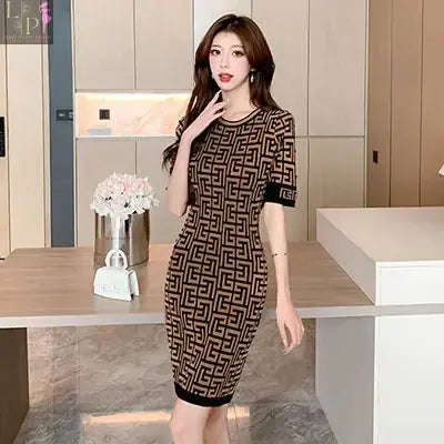 Brown women’s long dress with short sleeves from Lamp Post, featuring a flowing, elegant design perfect for casual or formal wear.