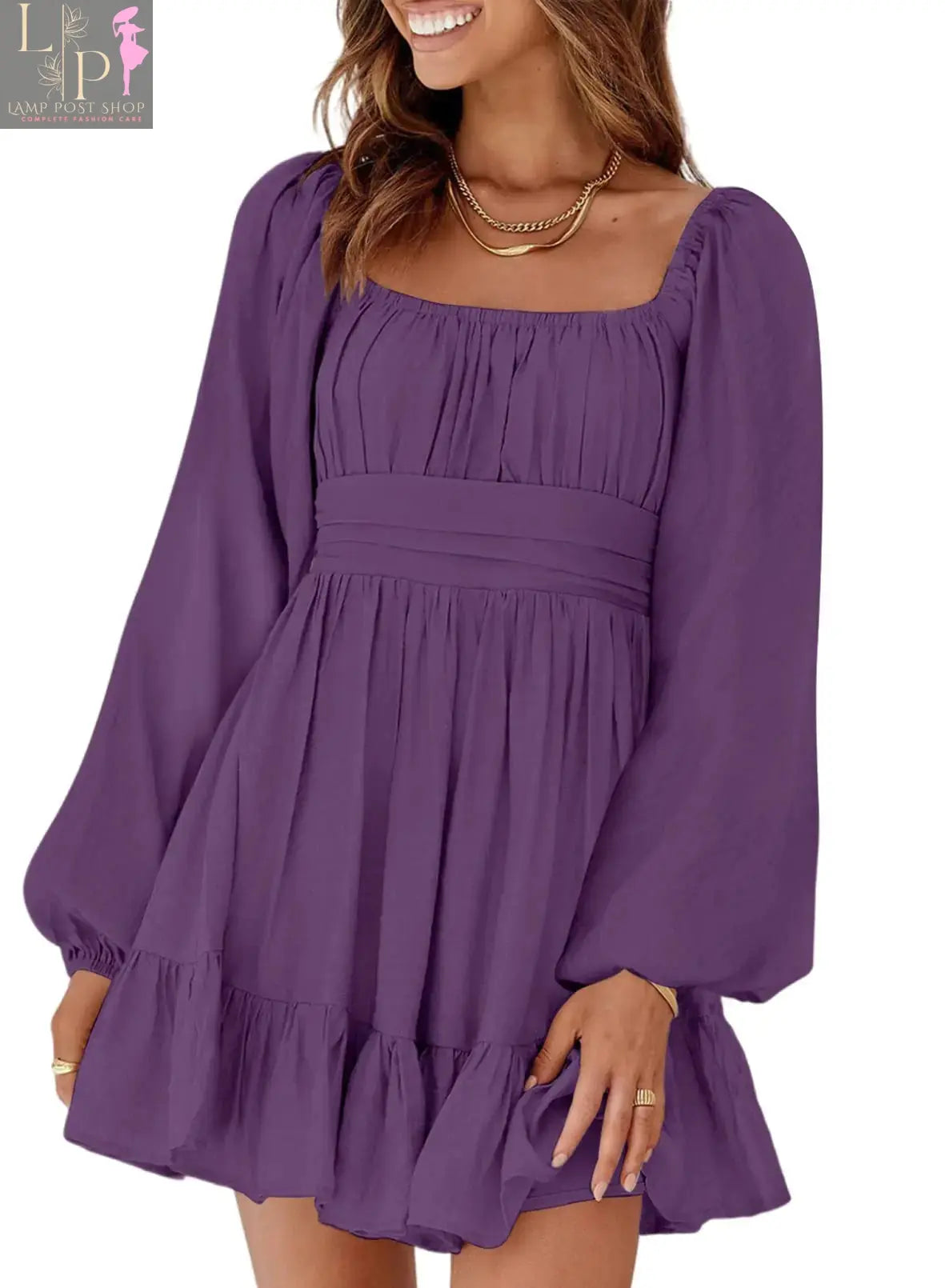Dark purple Dokotoo women's A-line mini dress with lantern sleeves, square neckline, tie backless design, ruffle detail, and elastic waist.