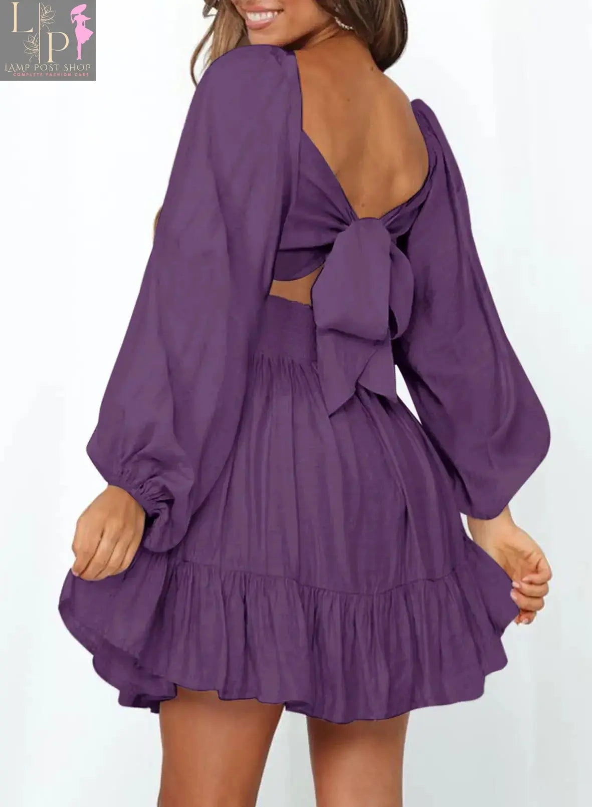 Dark purple Dokotoo women's mini dress with long lantern sleeves, square neckline, tie-back, ruffles, elastic waist, A-line style.