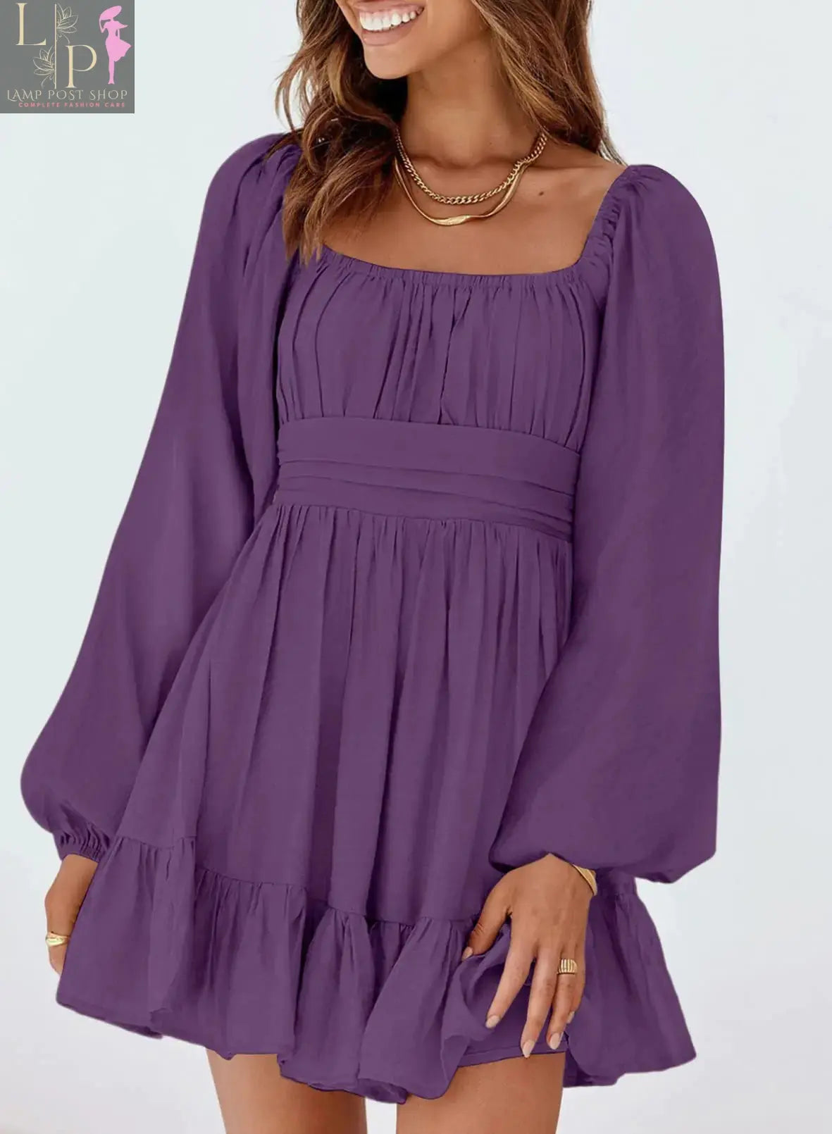 Dark purple Dokotoo women's A-line mini dress with lantern sleeves, square neckline, tie backless design, ruffles, and elastic waist.