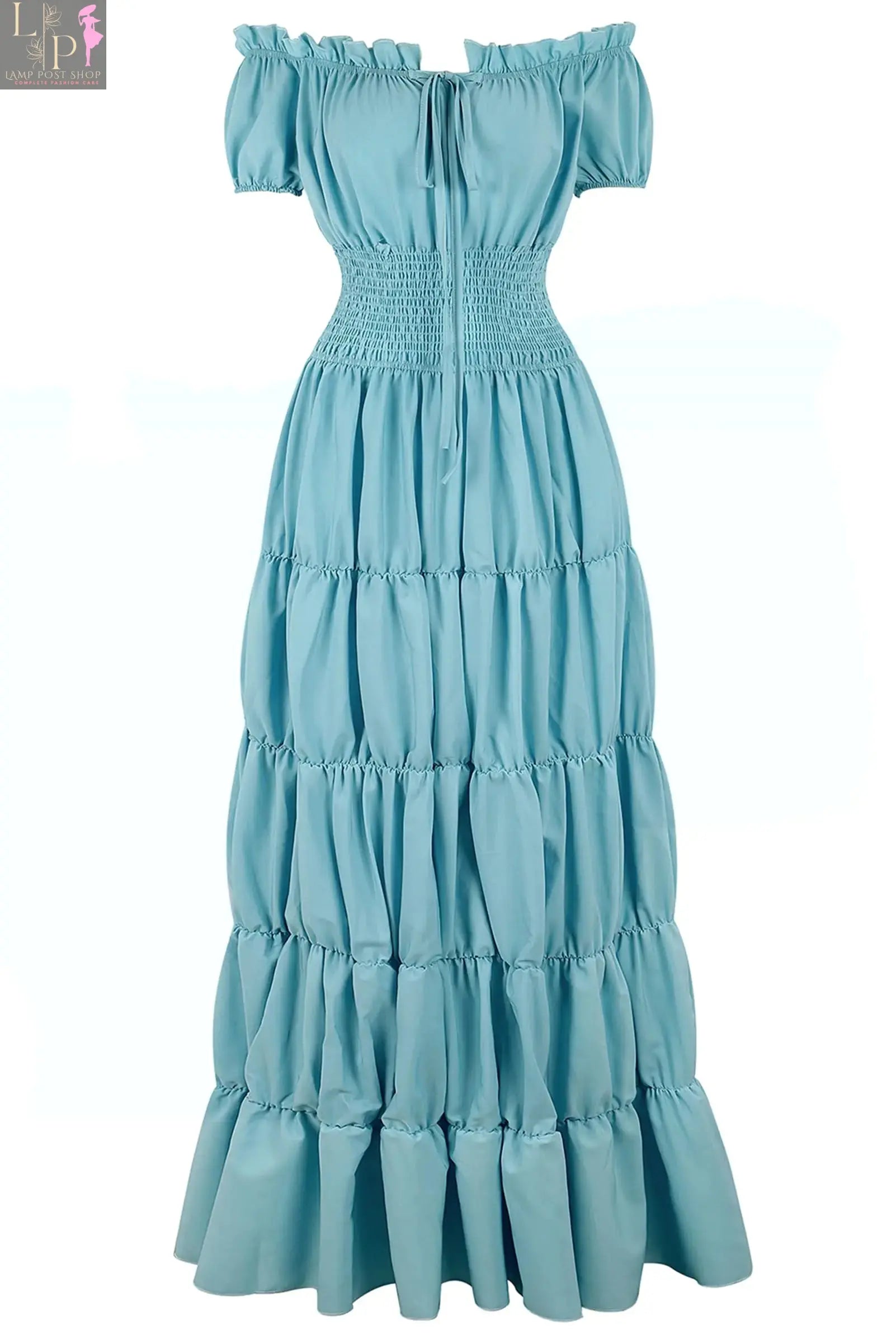 Light blue Renaissance costume dress for women, medieval chemise style with peasant top design, Irish-inspired under dress, small size.