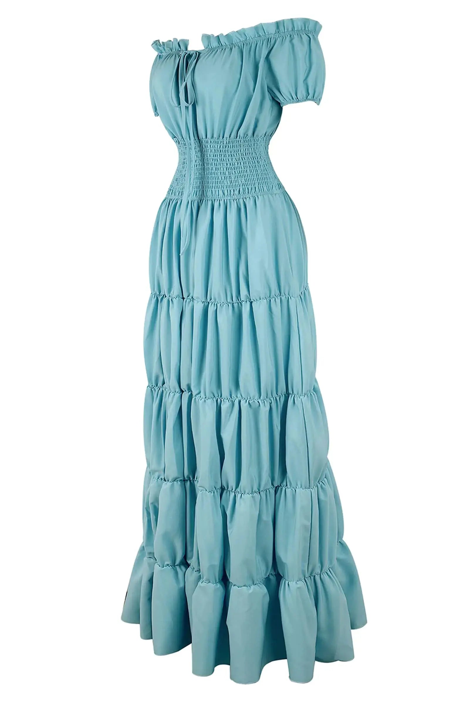 Light blue Renaissance women's chemise dress with peasant top style, medieval design, and Irish-inspired underdress detail.
