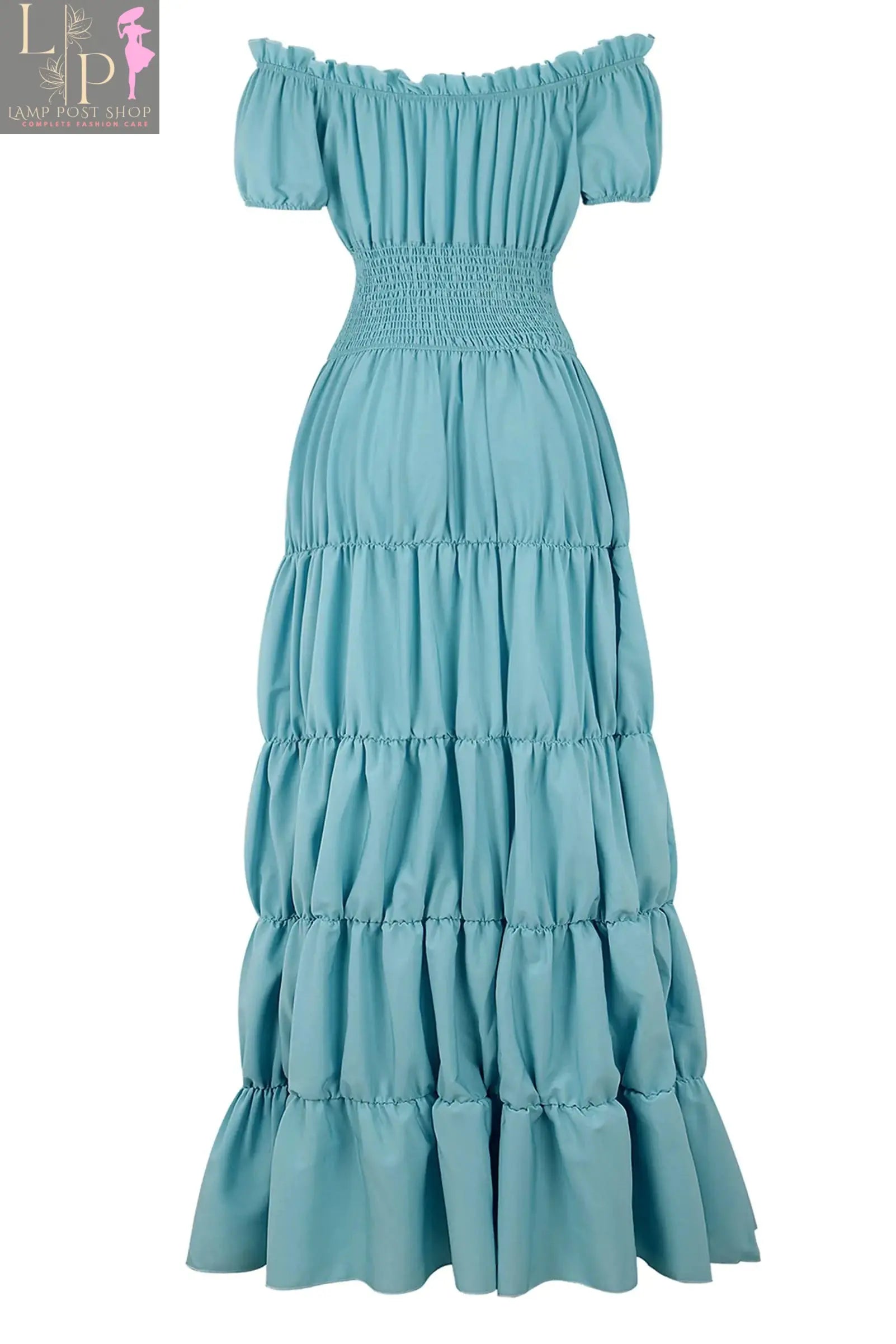 Light blue Renaissance women's chemise dress by Lamp Post, medieval peasant top with Irish-inspired design, small size.