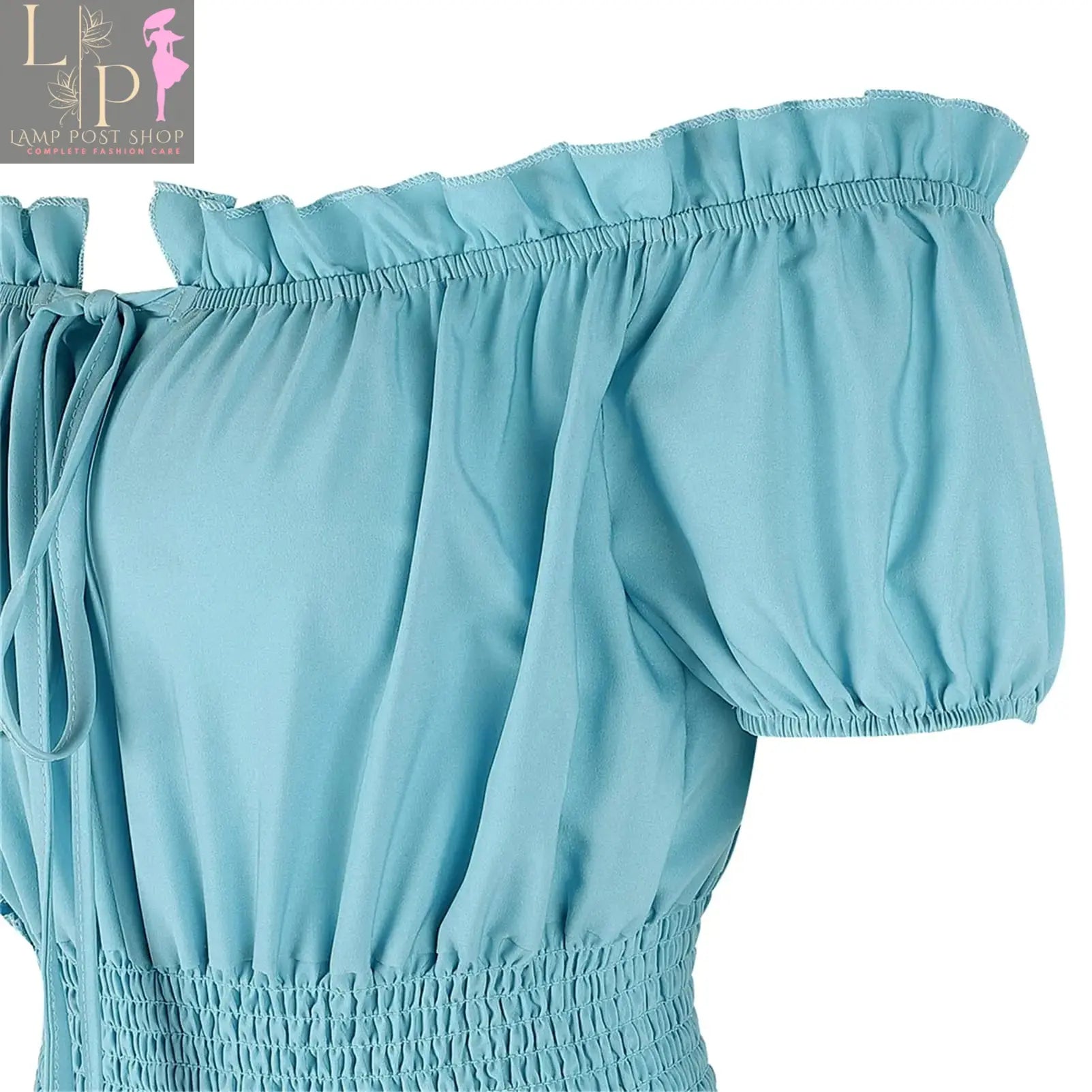 Light blue Renaissance costume dress for women, medieval chemise style with peasant and Irish under dress details, small size.
