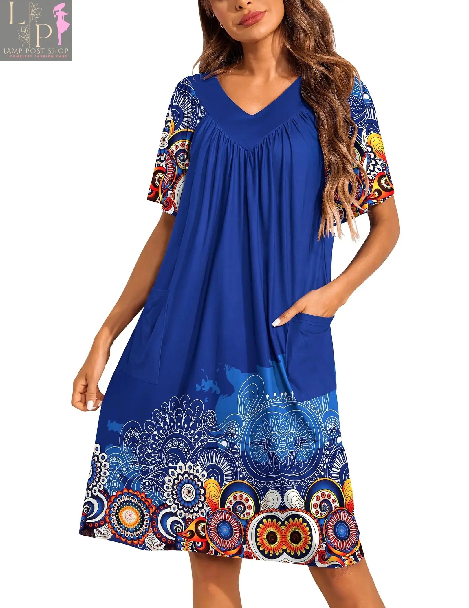 Navy floral print women's house dress with pockets, Lamp Post Mumu style nightgown, casual and comfortable for home wear.