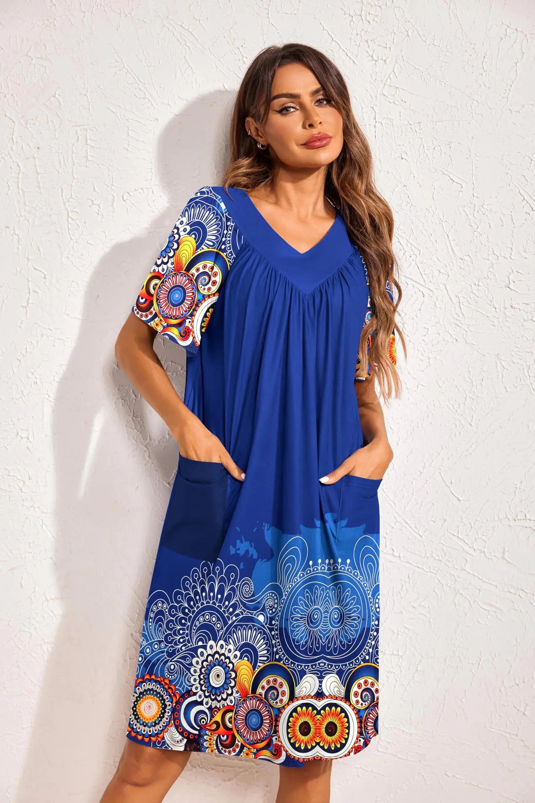 Ekouaer women's navy floral print house dress with pockets, casual mumu style, comfortable for lounging or sleep.
