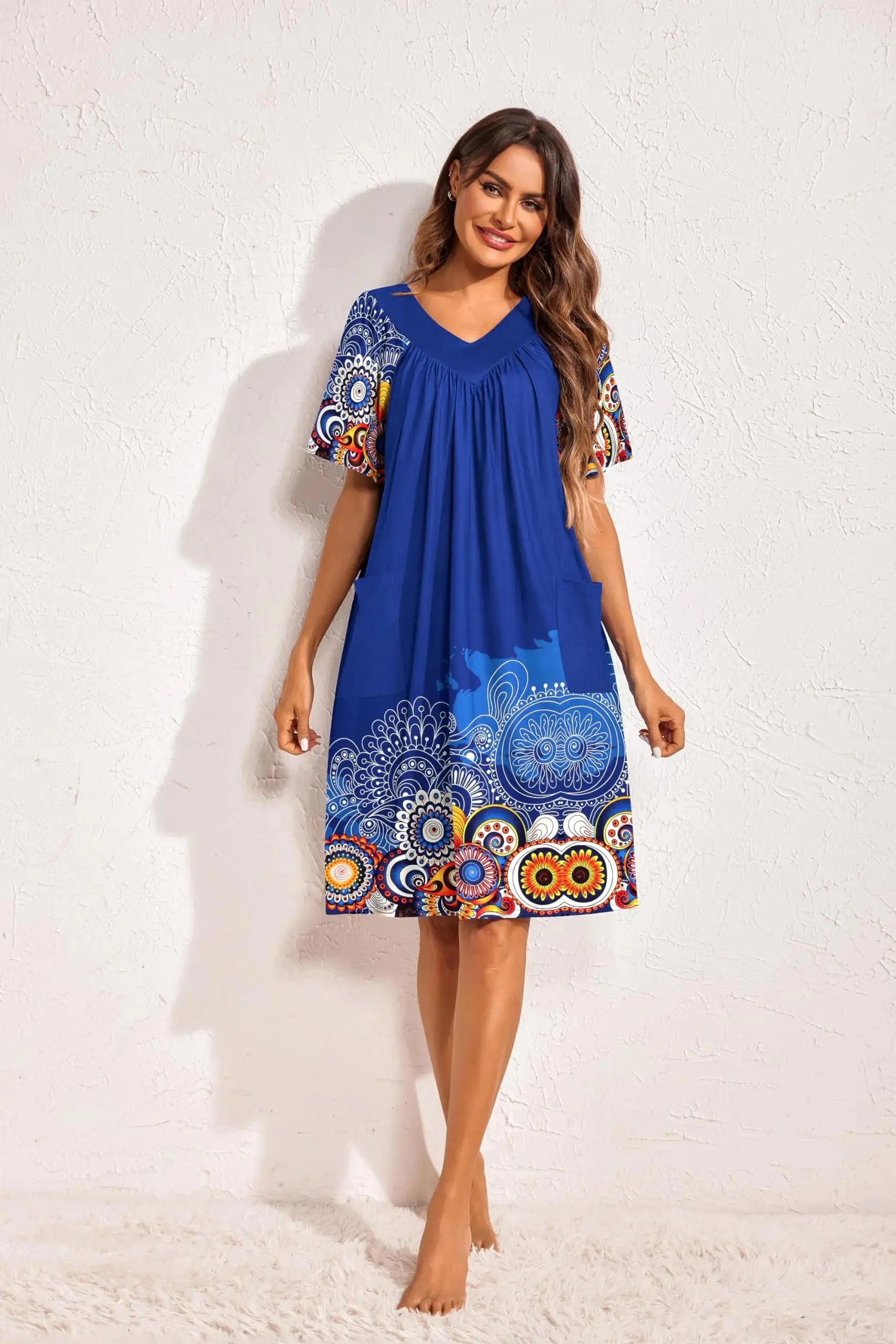 Ekouaer women's navy floral print house dress with pockets, comfortable mumu nightgown, casual lounge dress for women.