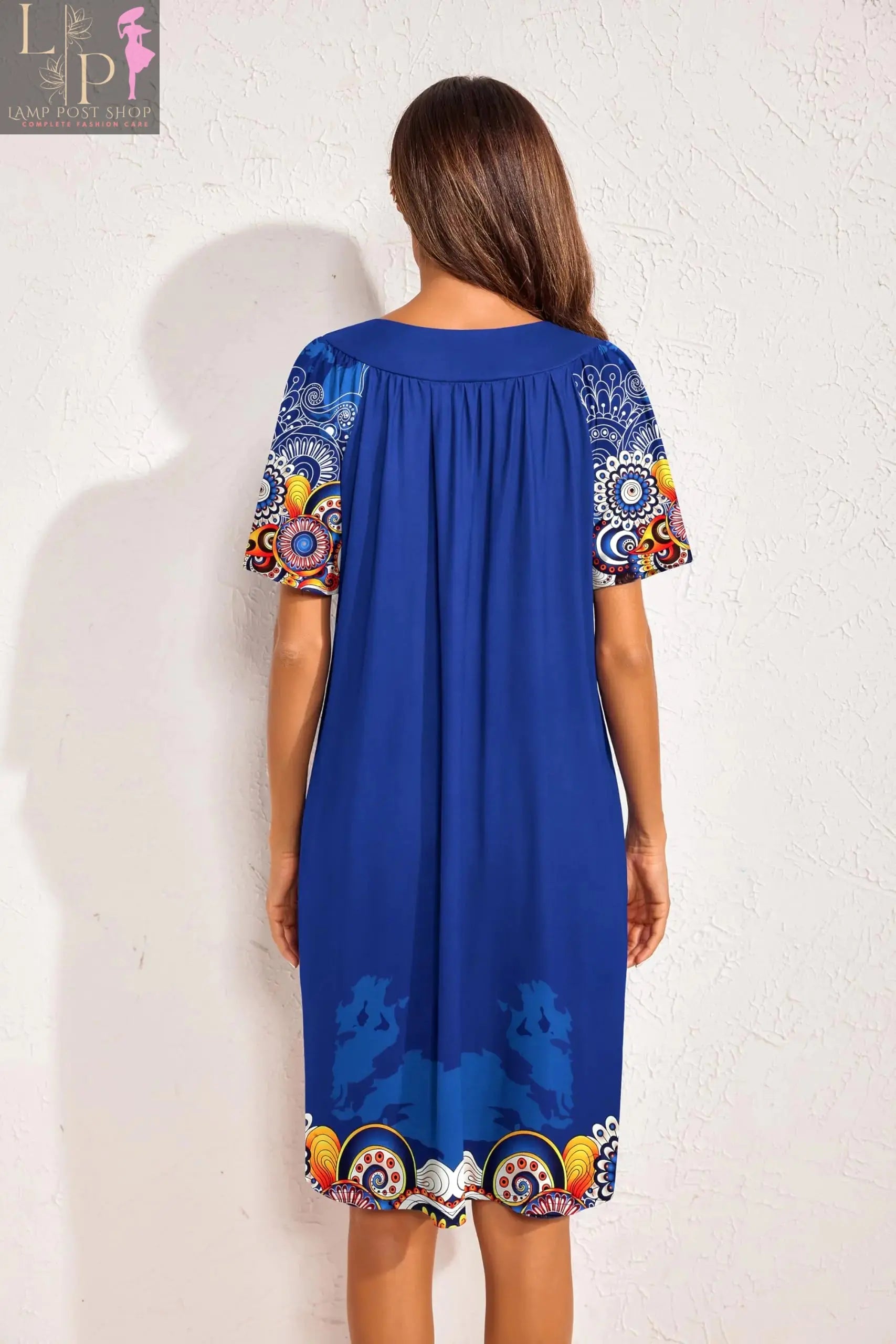 Navy floral print women's house dress by Ekouaer with pockets, casual mumu style, suitable for comfortable home wear.