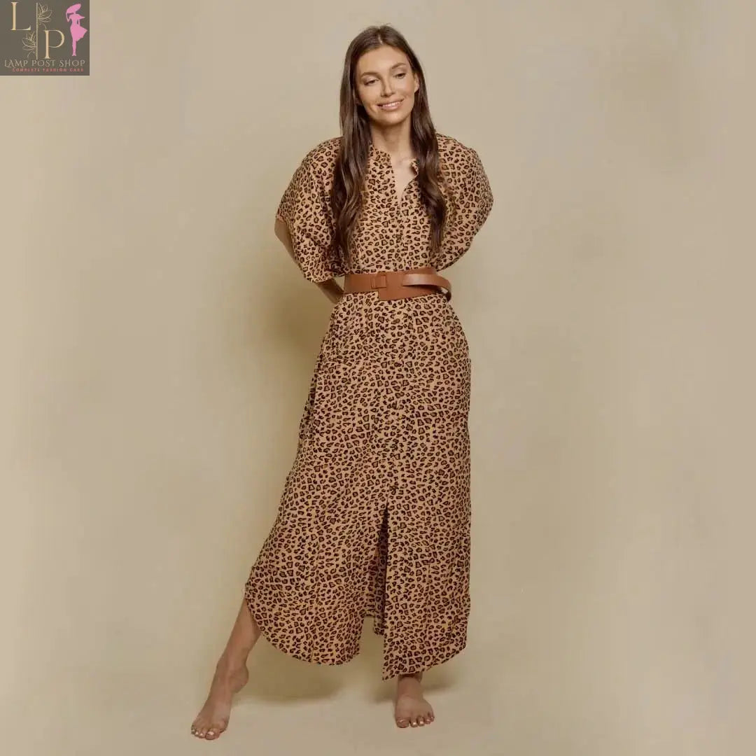 Women’s wide cheetah print dress by Lamp Post, featuring a relaxed fit and stylish animal pattern.