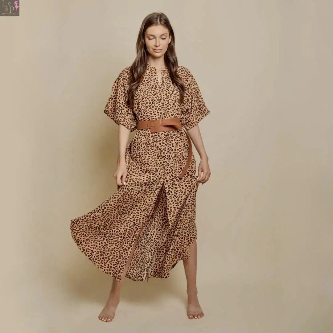Women’s wide cheetah print dress by Lamp Post featuring a relaxed fit and bold animal pattern.