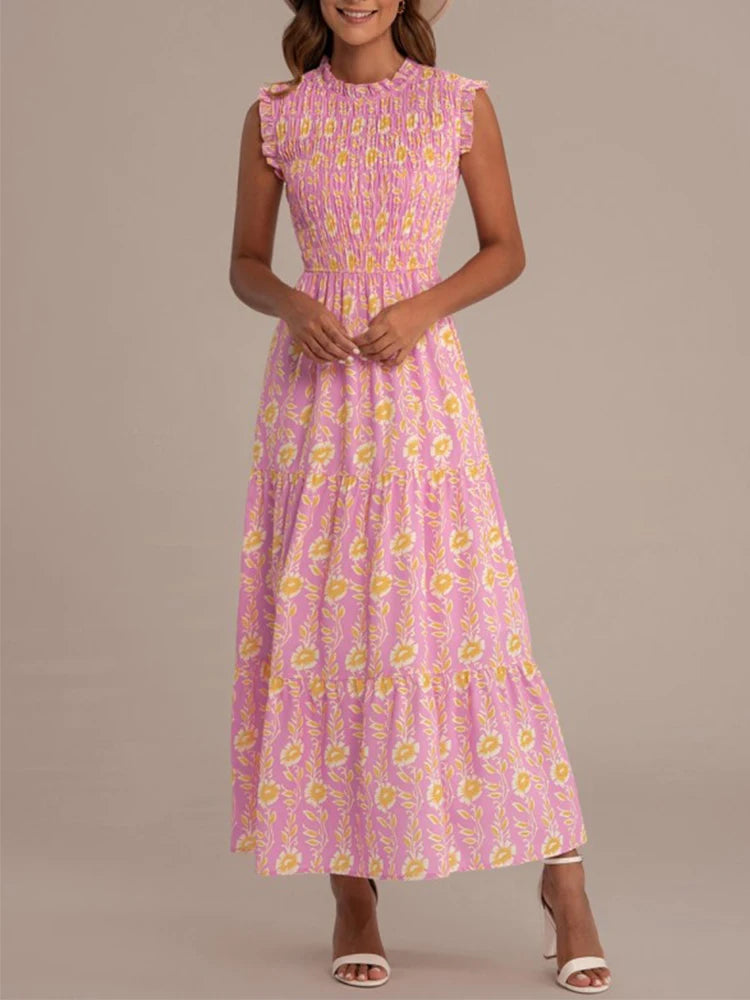 Pink women's sleeveless printed round neck dress by Lamp Post, casual summer dress with floral pattern and comfortable fit.
