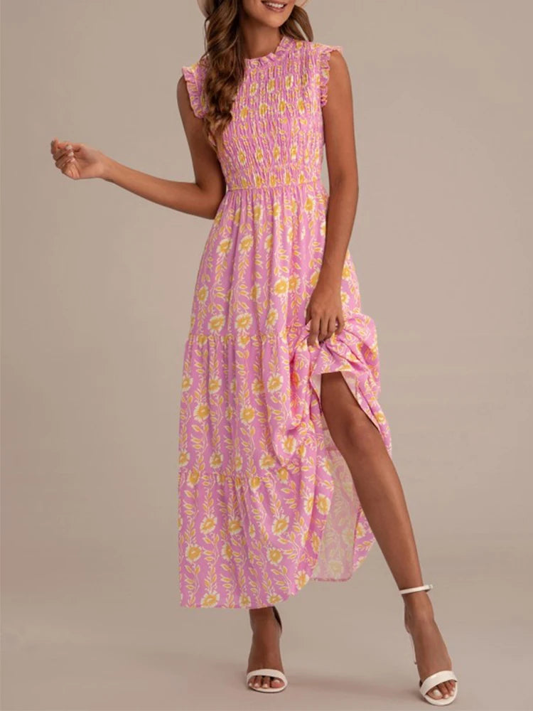 Pink women's sleeveless printed round neck dress by Lamp Post, casual summer dress with floral pattern and comfortable fit.