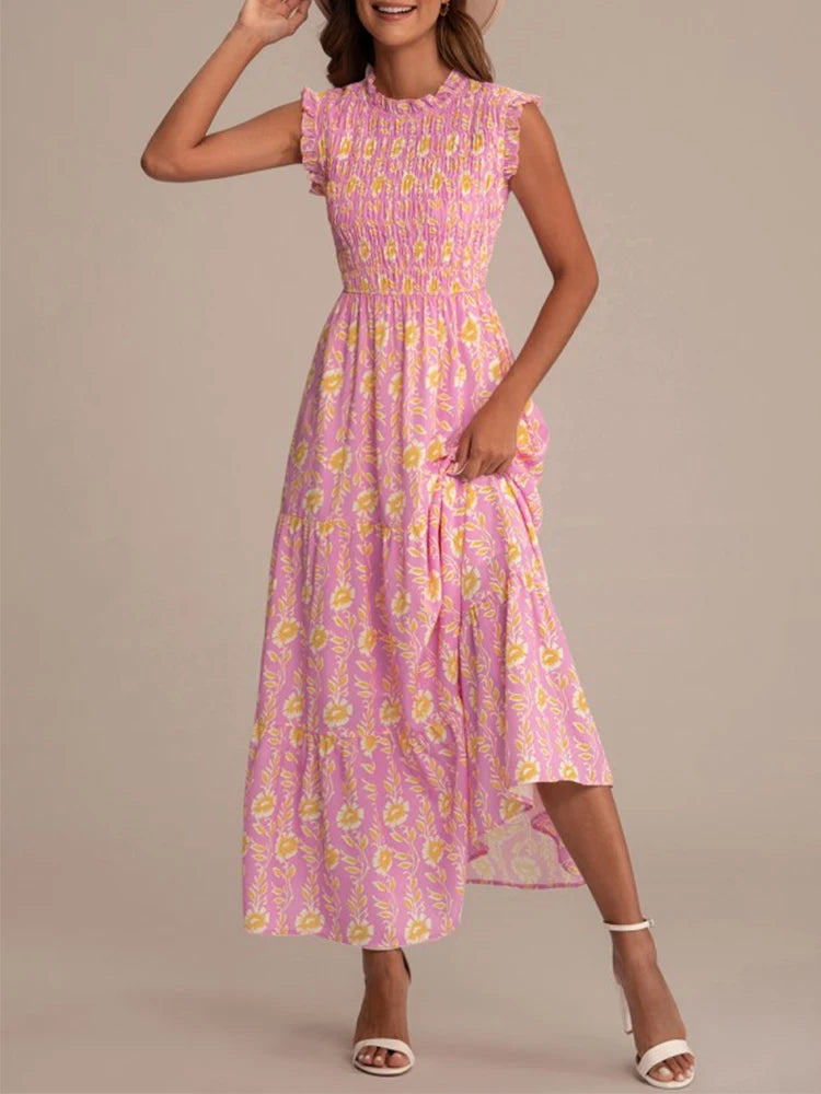 Pink women's sleeveless printed round neck dress by Lamp Post, casual summer dress with a comfortable fit and stylish design.