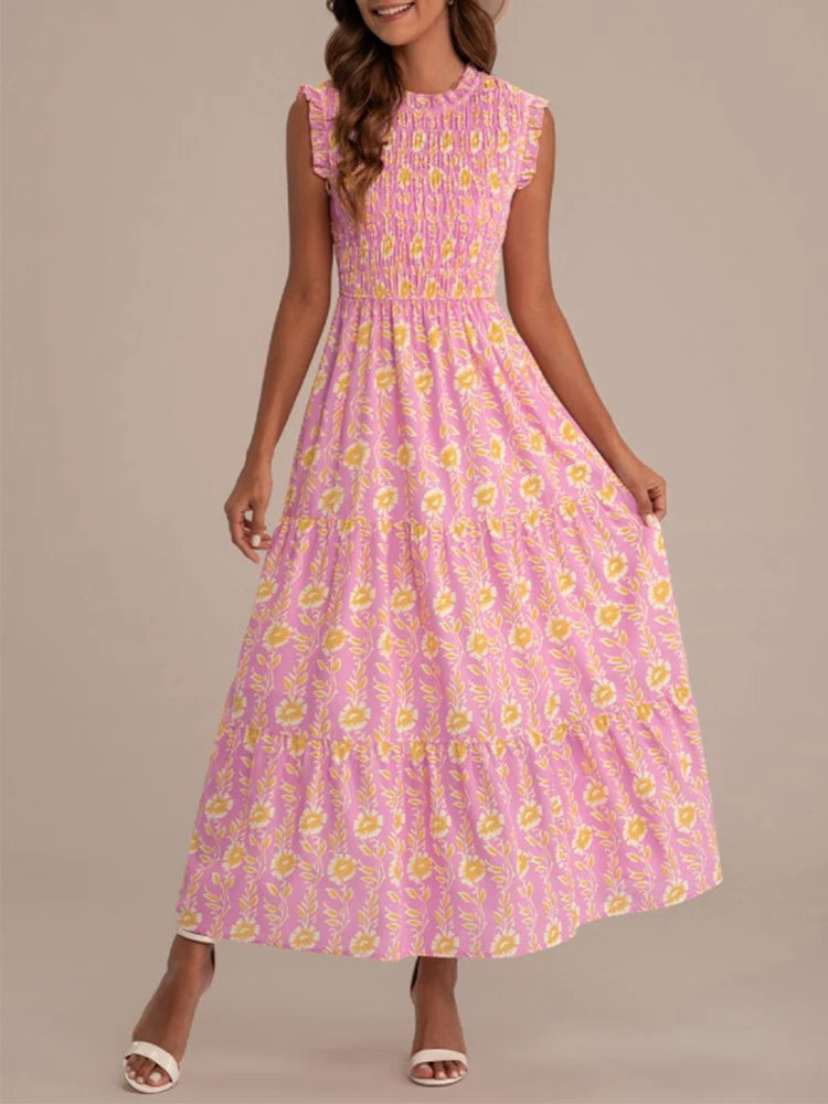 Pink sleeveless printed round neck dress for women by Lamp Post, showcasing a stylish and comfortable summer dress.