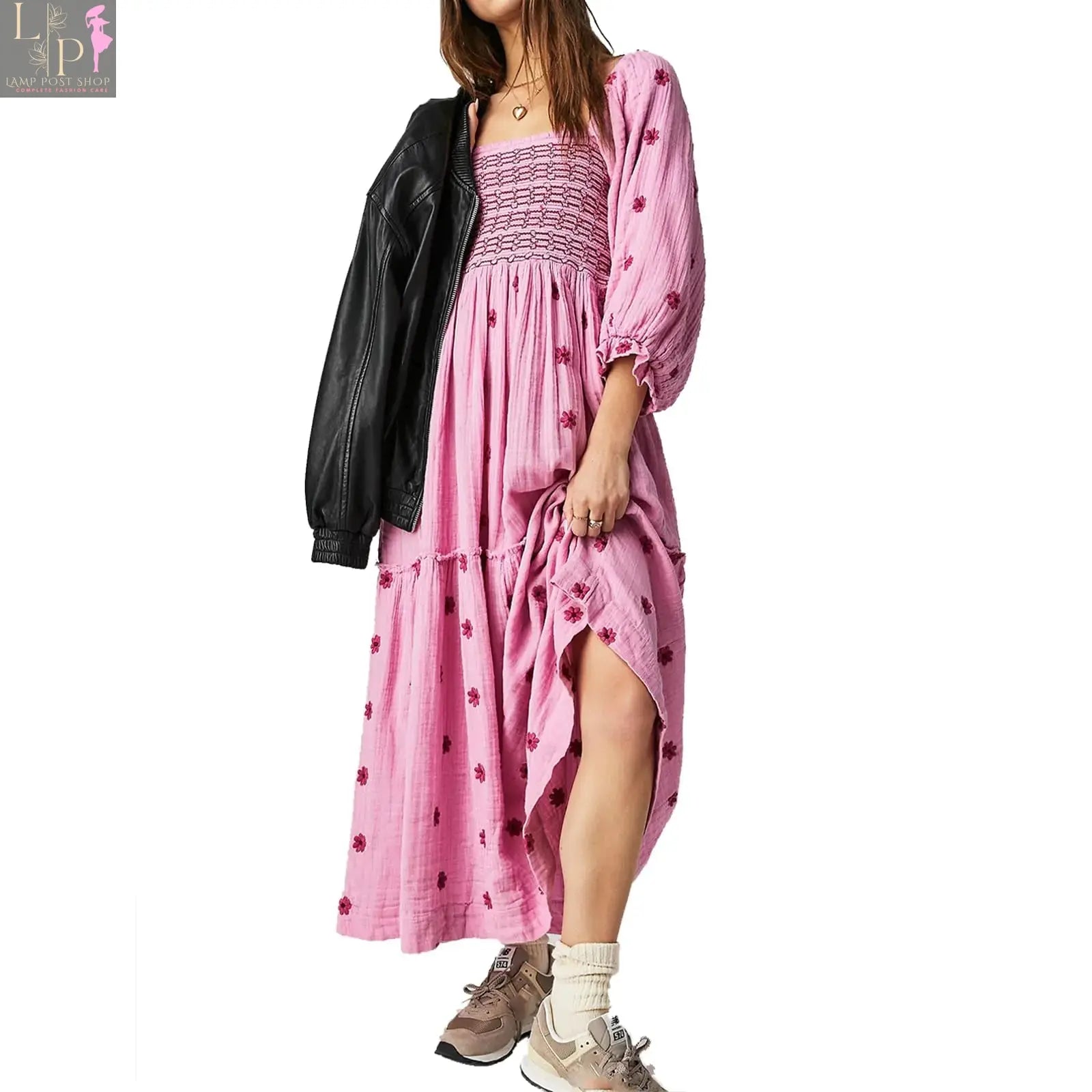 Pink floral women's dress by Lamp Post, featuring a flowy design and large floral pattern, ideal for spring or summer wear.