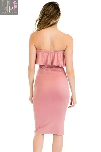 Pink ruffle tube dress for women by Lamp Post, featuring a fitted silhouette and stylish ruffle details.
