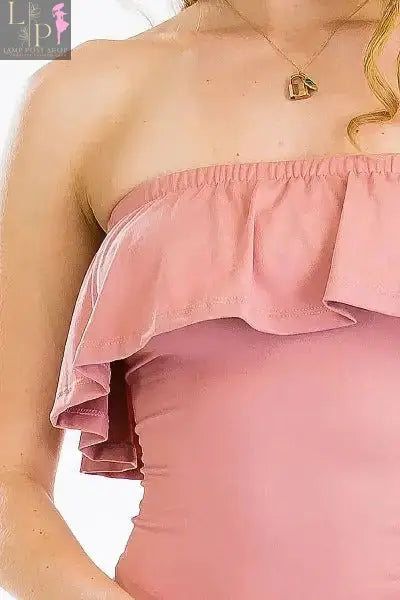 Pink ruffle tube dress for women by Lamp Post, featuring a fitted silhouette and stylish ruffle details.