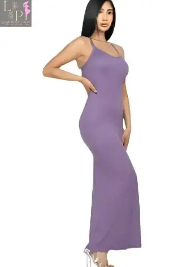 Purple Lamp Post women's racer back maxi dress with flowing fabric and sleeveless design, suitable for summer wear.