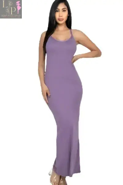 Purple Lamp Post women's racer back maxi dress with a flowing silhouette and sleeveless design, suitable for summer wear.