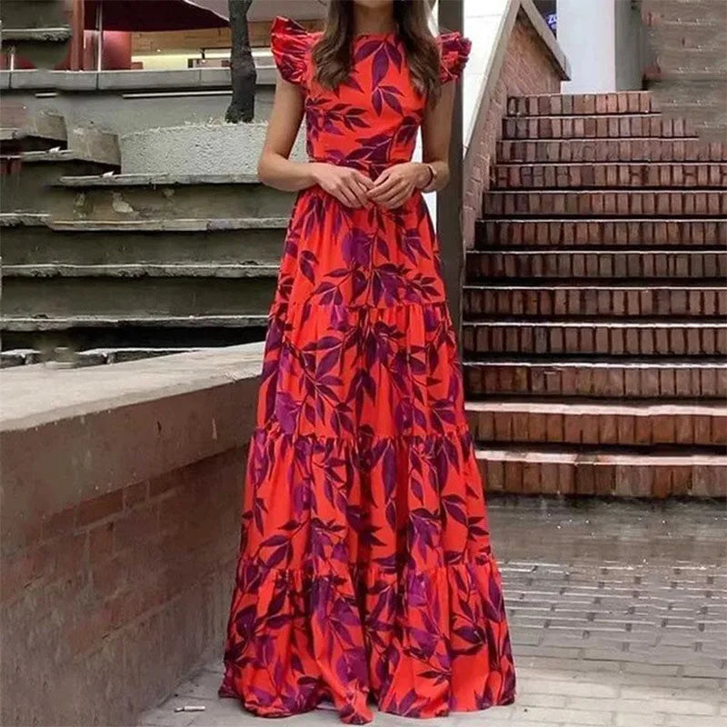 Red floral women's dress by Lamp Post featuring a casual vacation style, with a relaxed fit and vibrant print.