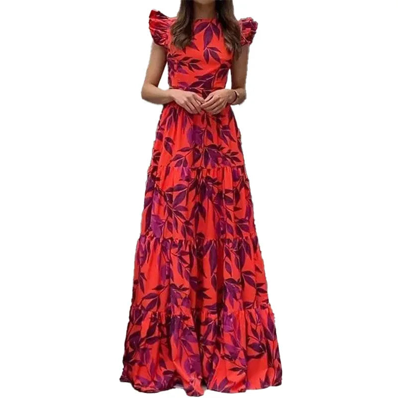 Red floral women’s dress by Lamp Post featuring a vibrant print, perfect for vacation and warm weather outings.
