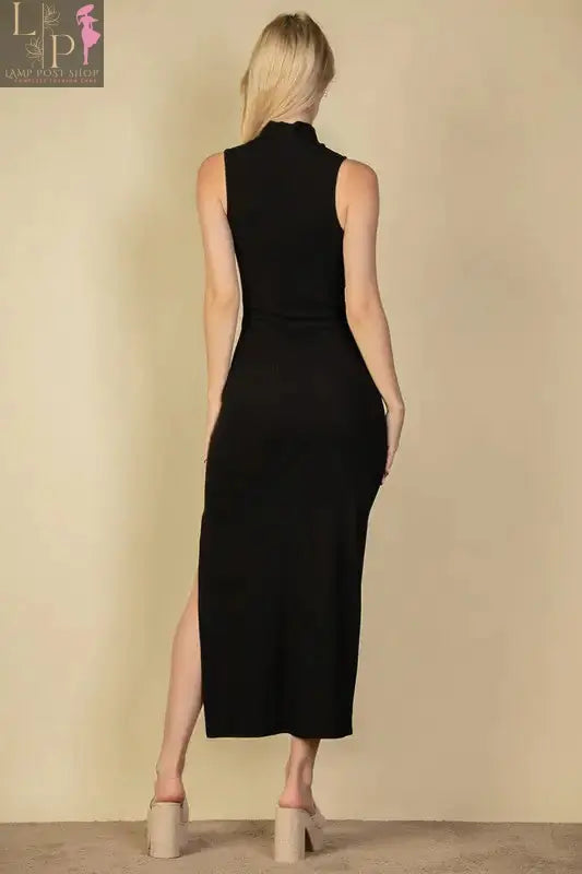 Red ribbed mock neck slit bodycon dress for women by Lamp Post, close-up of fitted design with ribbed texture and slit detail.