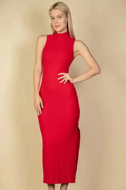 Red ribbed mock neck slit bodycon dress for women by Lamp Post, featuring a fitted silhouette and stylish design.