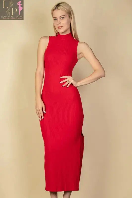 Red ribbed mock neck slit bodycon dress for women by Lamp Post, showcasing a fitted silhouette and stylish design.