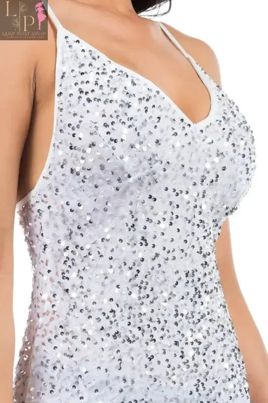 White women’s sexy sequin party dress by Lamp Post featuring a fitted silhouette and shimmering sequin details.