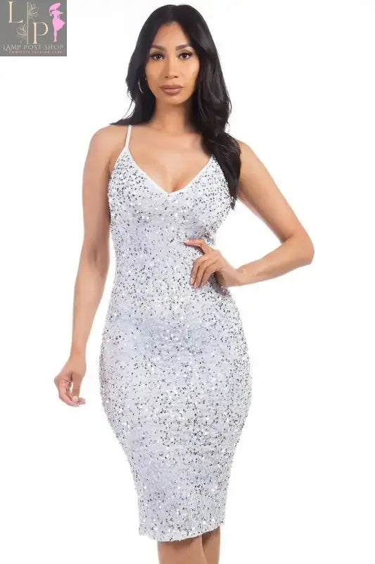 White sexy sequin party dress for women by Lamp Post, featuring a fitted design and shimmering embellishments for festive occasions.