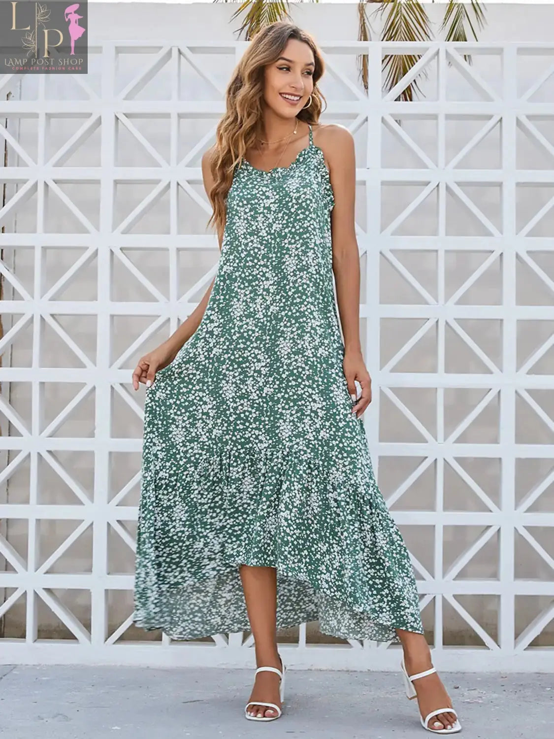 Light green Lamp Post Ditsy Dress for women, featuring a flowy silhouette and delicate floral pattern.
