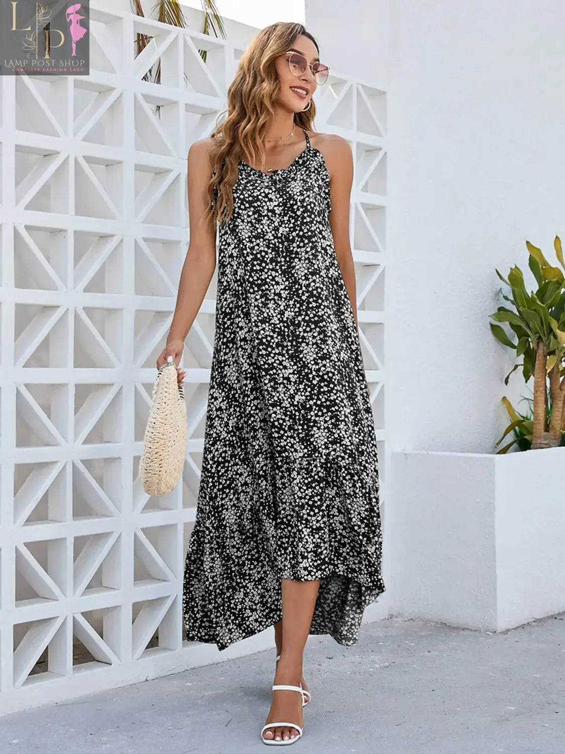 Sage green Lamp Post women's Ditsy Dress featuring a floral pattern, lightweight fabric, and a relaxed fit perfect for warm weather.