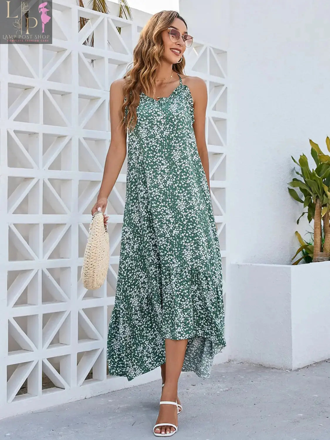 Women’s Lamp Post Ditsy Dress in sage green featuring a floral pattern and a feminine, lightweight design.