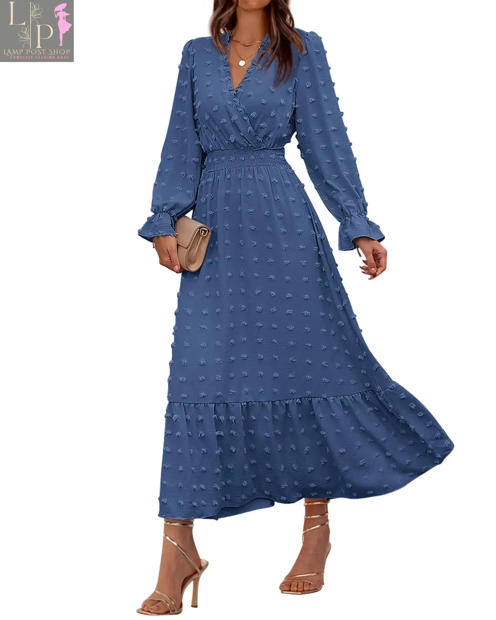 Blue full-sleeve women’s dress by Lamp Post, perfect fall outfit, shown on a model with a simple solid background.