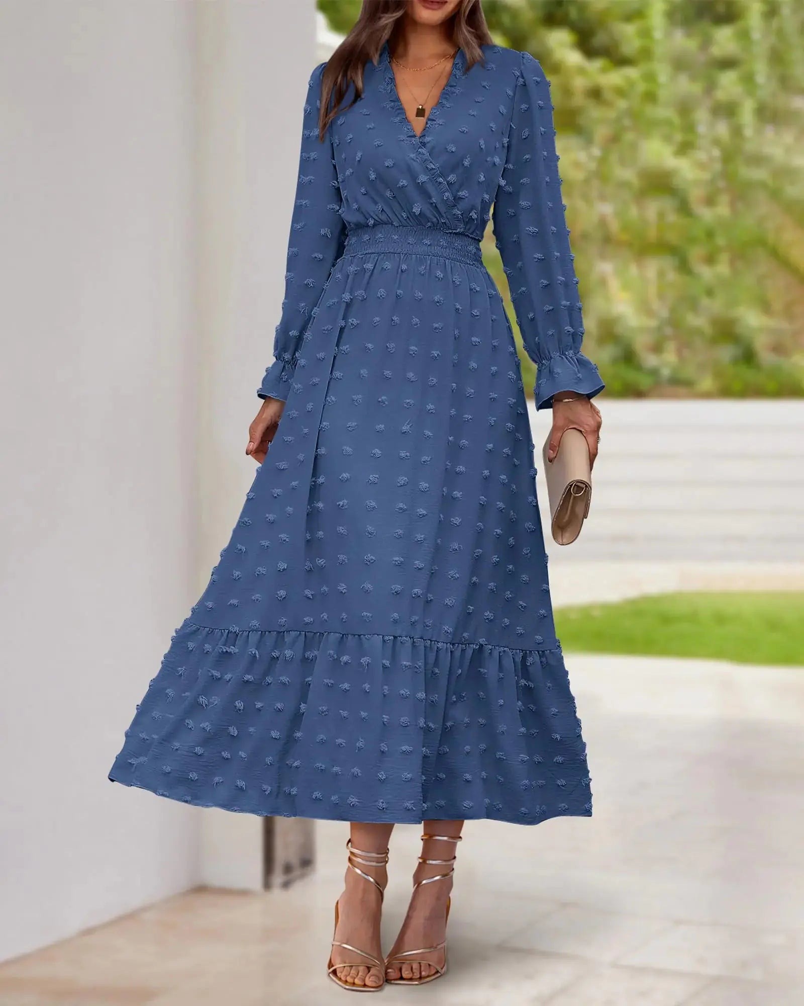 Blue full-sleeve women’s dress from Lamp Post, perfect fall outfit, shown on a model. Solid color, stylish for autumn wear.