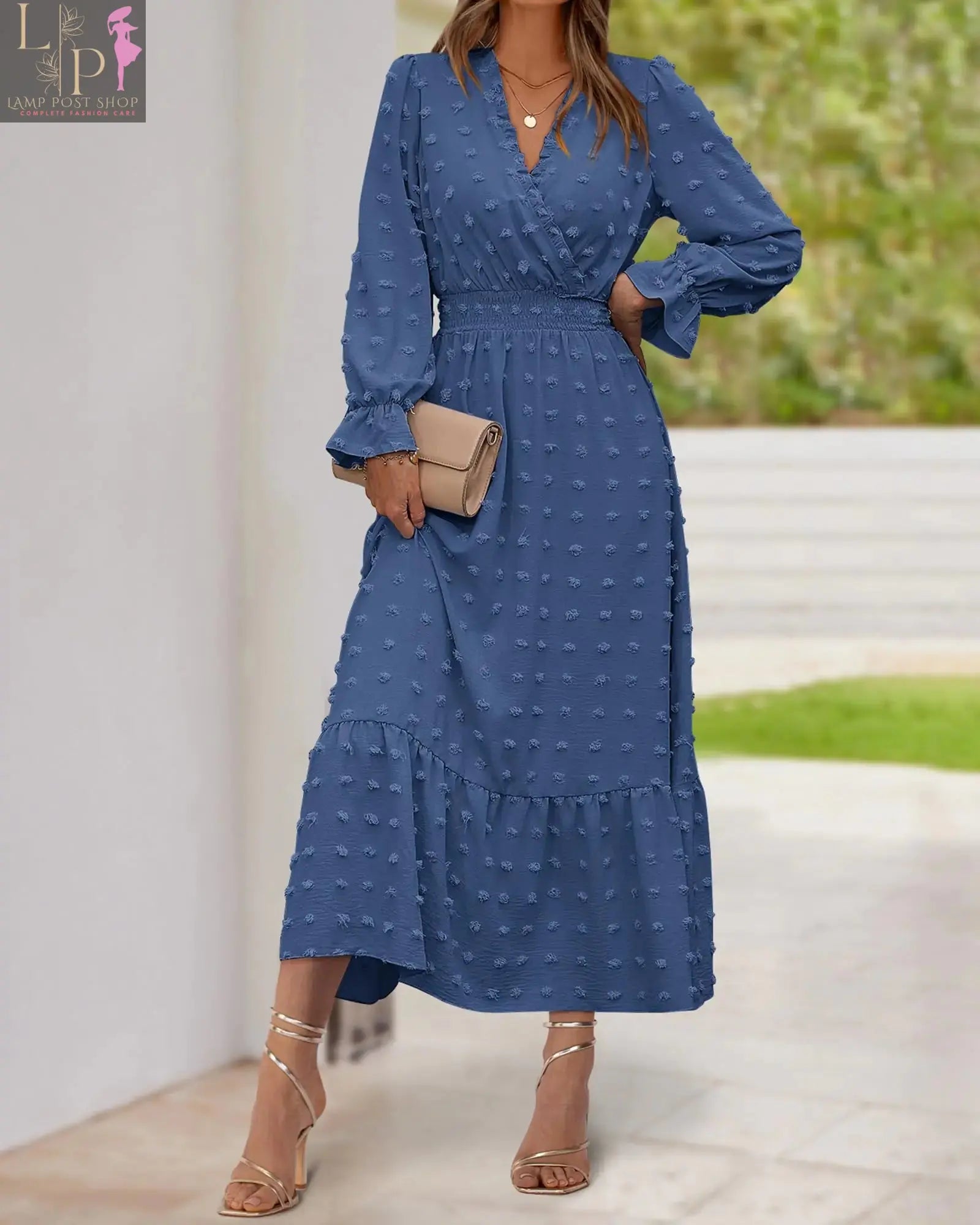 Blue women’s full sleeve dress by Lamp Post, perfect for fall outfits, shown in a solid color with a stylish design.