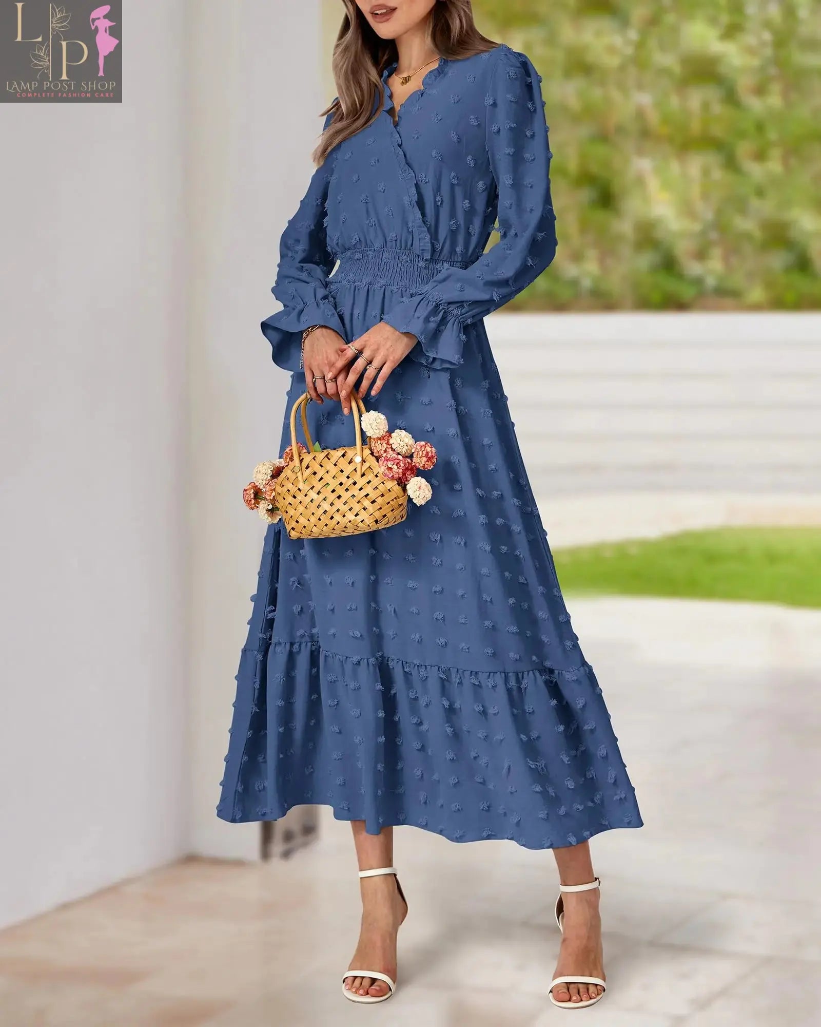 Blue women's dress by Lamp Post with full sleeves, perfect for fall outfits, shown on a small-sized model.