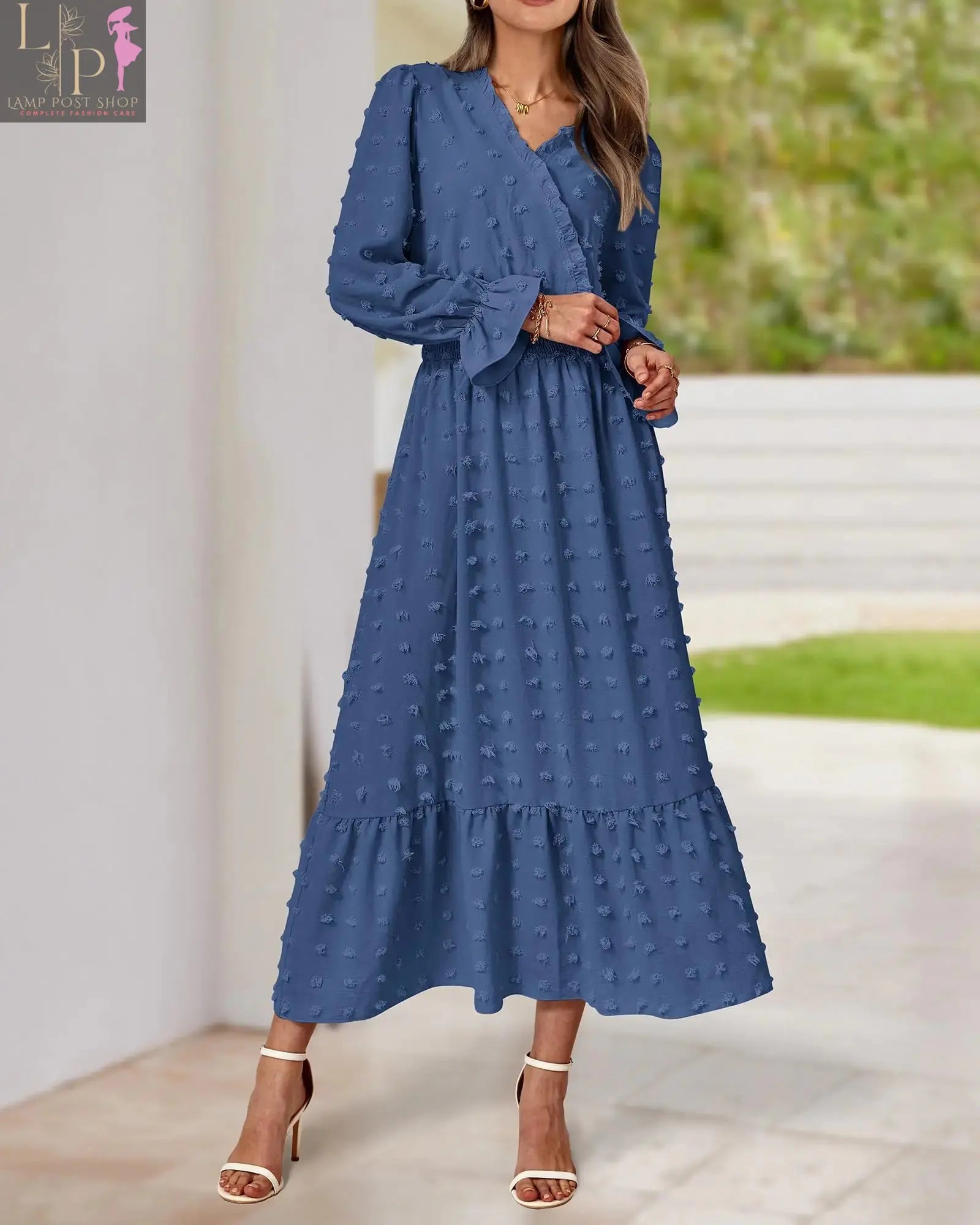 Blue full-sleeve women’s dress by Lamp Post, perfect for fall outfits, showcasing a stylish and comfortable fall fashion choice.