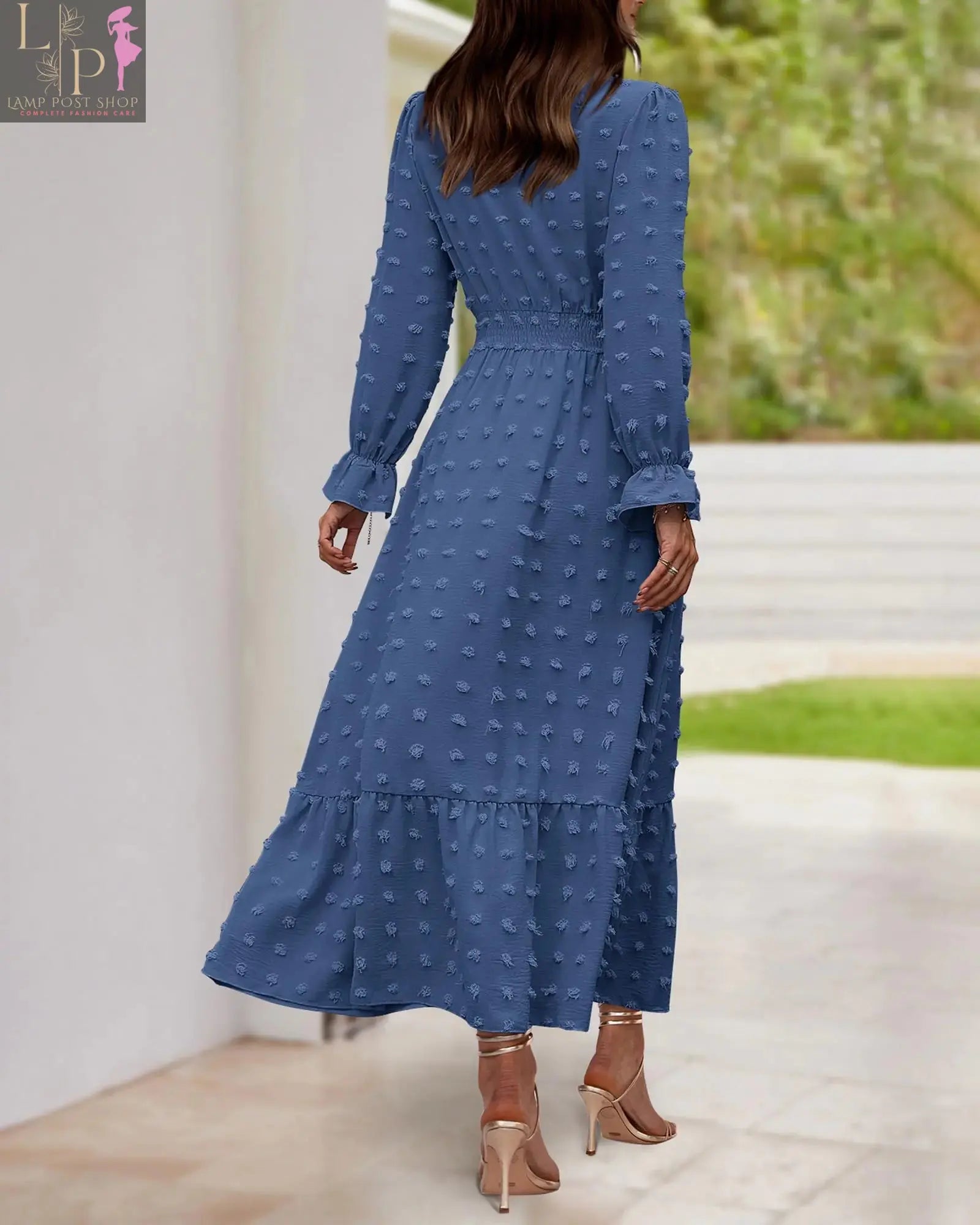 Blue full-sleeve women’s dress by Lamp Post, perfect for fall outfits, featuring a stylish and comfortable design.