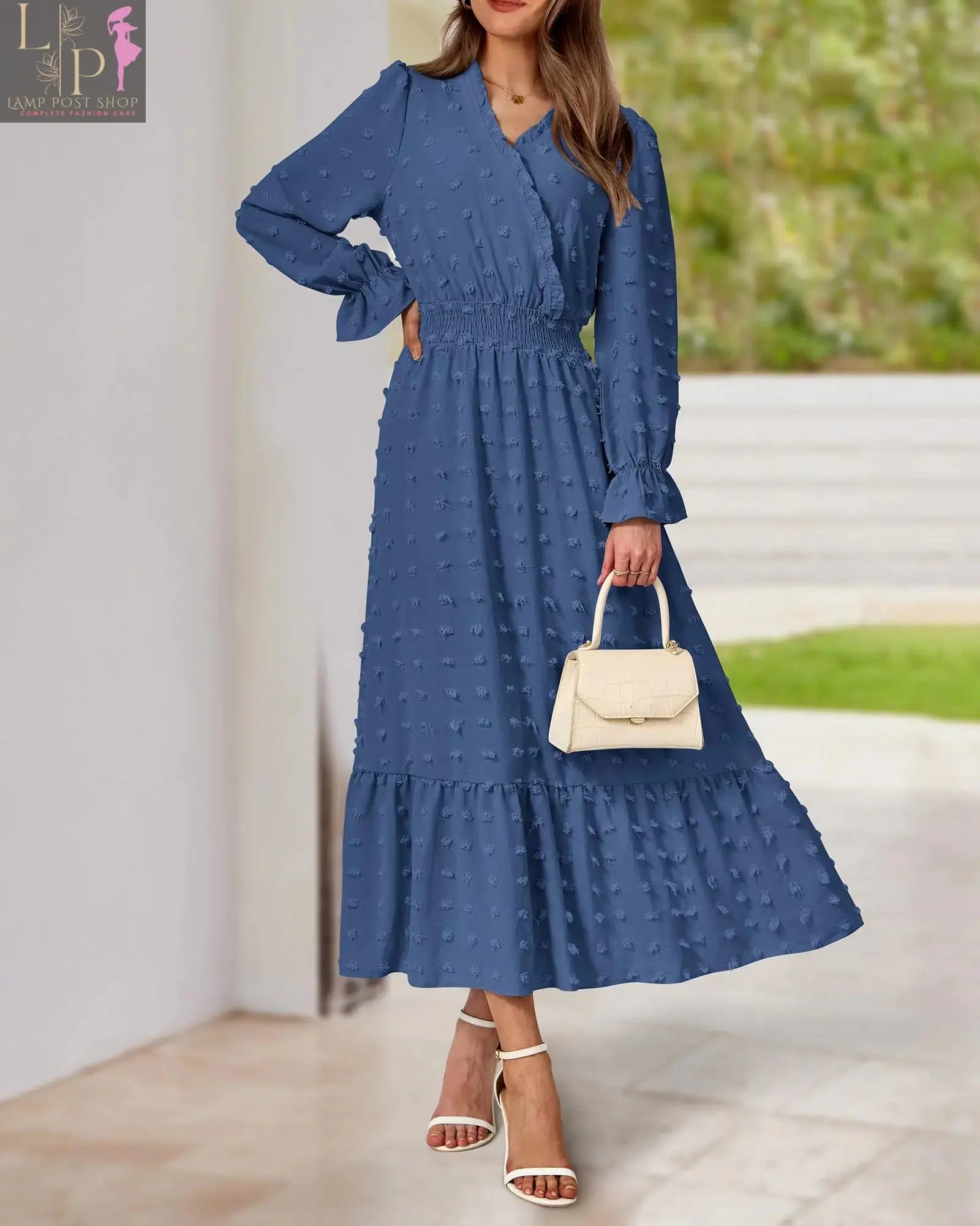 Blue full-sleeve women’s dress by Lamp Post, perfect for fall outfits, showing a stylish solid color design.