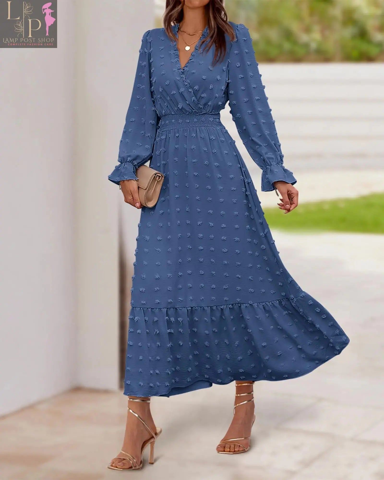 Blue women's full-sleeve dress by Lamp Post, perfect for fall outfits, featuring a comfortable and stylish design.