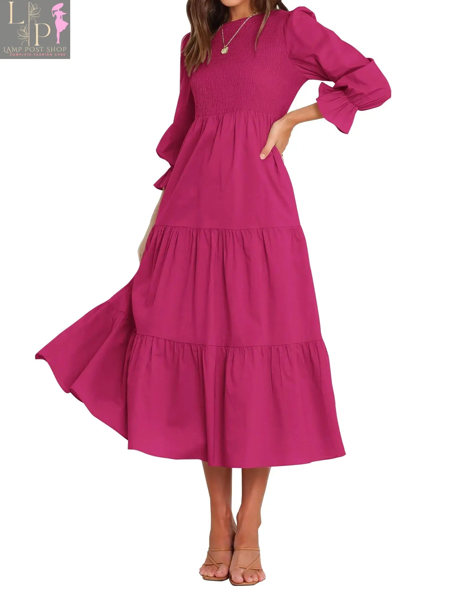Pink Boho maxi dress with sleeves by Lamp Post, featuring a flowy, solid-colored design for women.