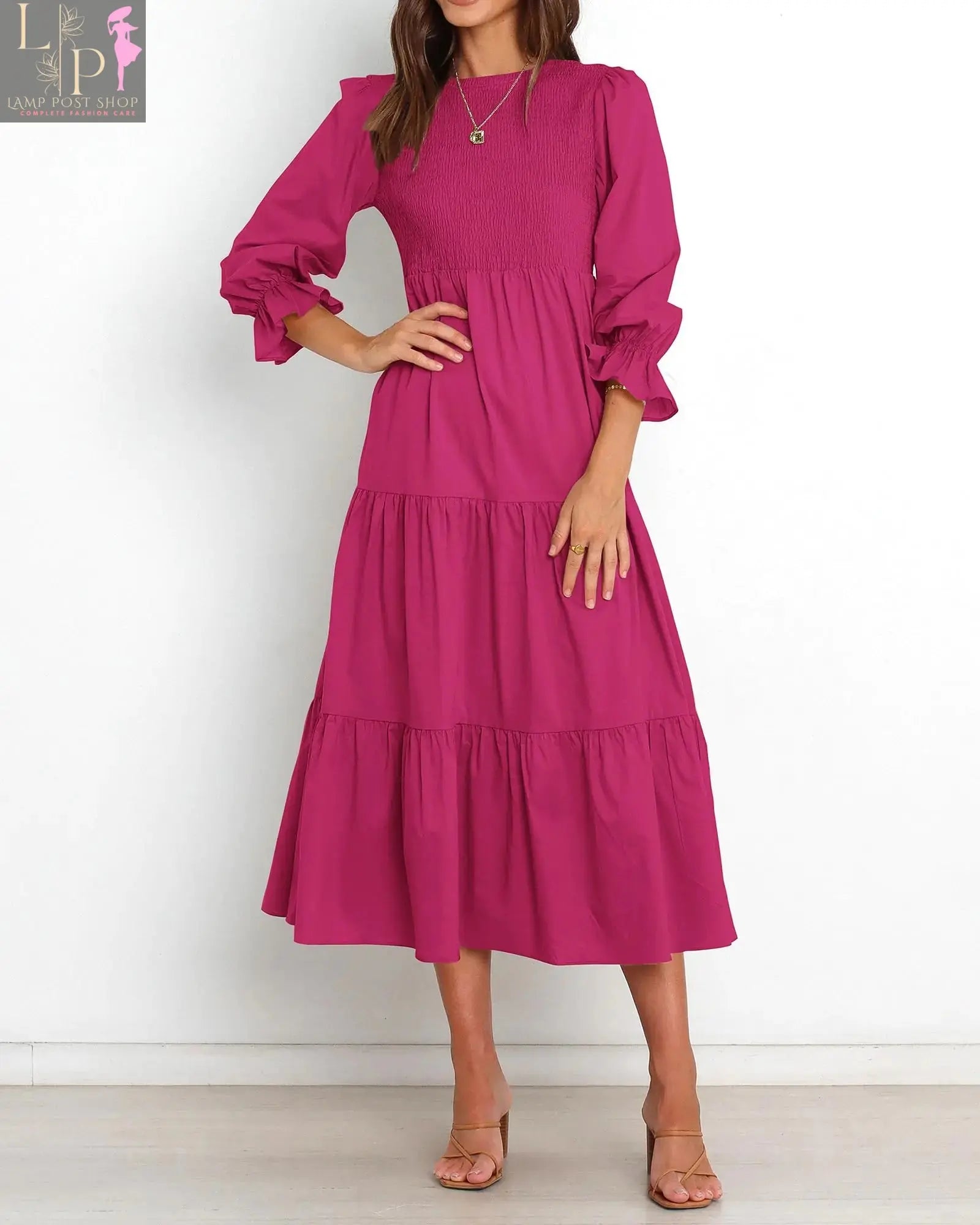 Pink Lamp Post boho maxi dress for women with sleeves, flowing design, and solid color perfect for casual or summer wear.