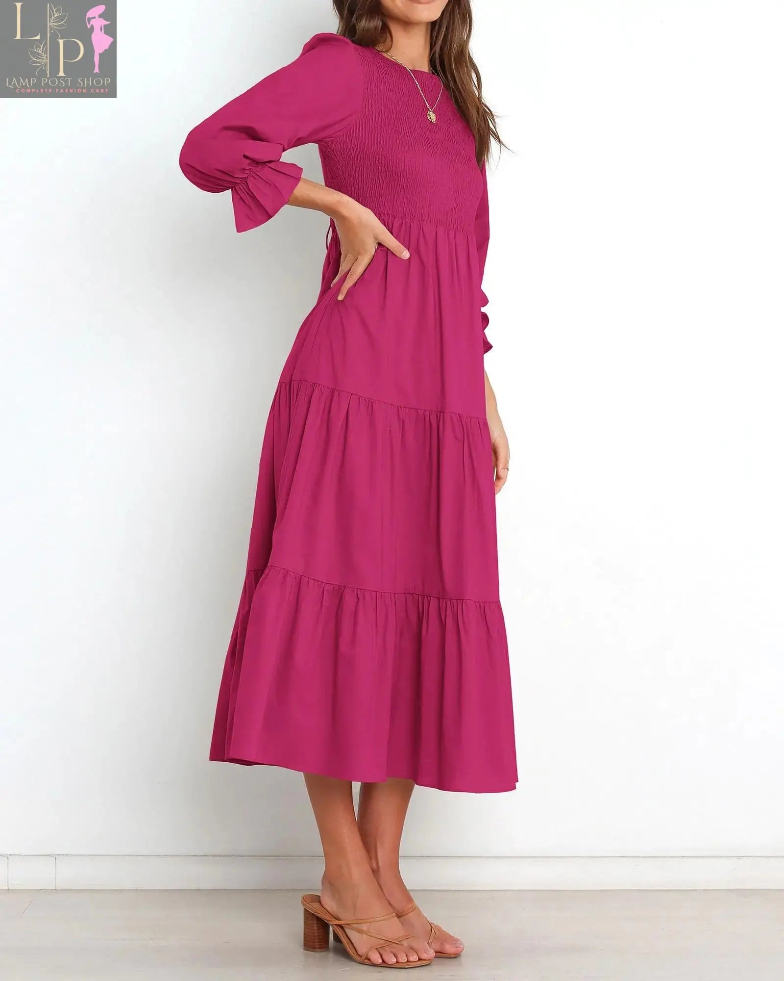 Pink boho maxi dress with sleeves for women, by Lamp Post, featuring a flowing design and solid color.