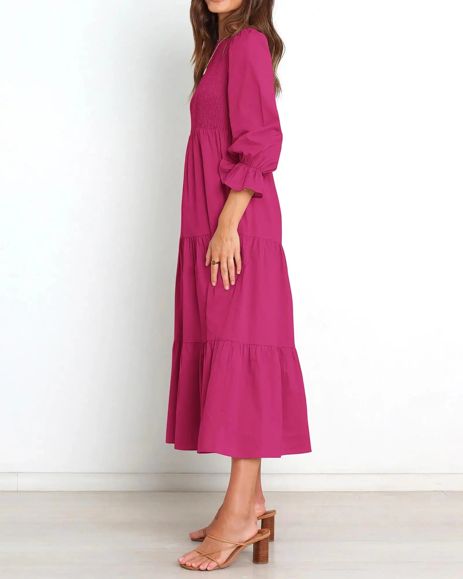 Pink boho maxi dress with sleeves for women, by Lamp Post, featuring a flowy design and solid color.